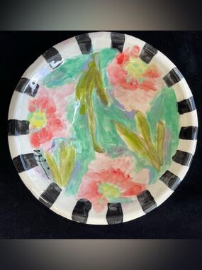 Handmade Deep Bowl” Pink Gerbera Daisies /Green“ 8x3”Original Design  Pottery